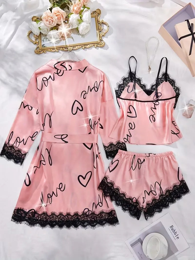 Women'S V-Neck Attractive Lace Trim Elegant Satin Silk Pajama Set  Long Sleeve Robe