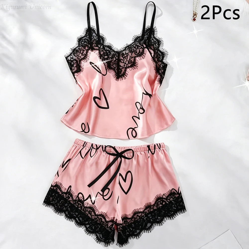 Women'S V-Neck Attractive Lace Trim Elegant Satin Silk Pajama Set  Long Sleeve Robe