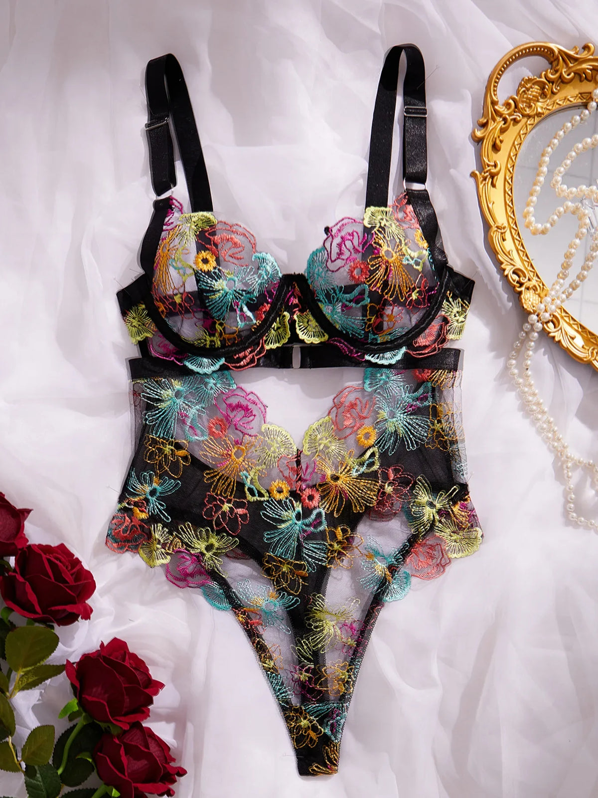 Sexy Floral Embroidered Lace Gather One-piece Jumpsuit French Style Fashion Women's Sexy Lingerie Set Female Bodysuit Underwear