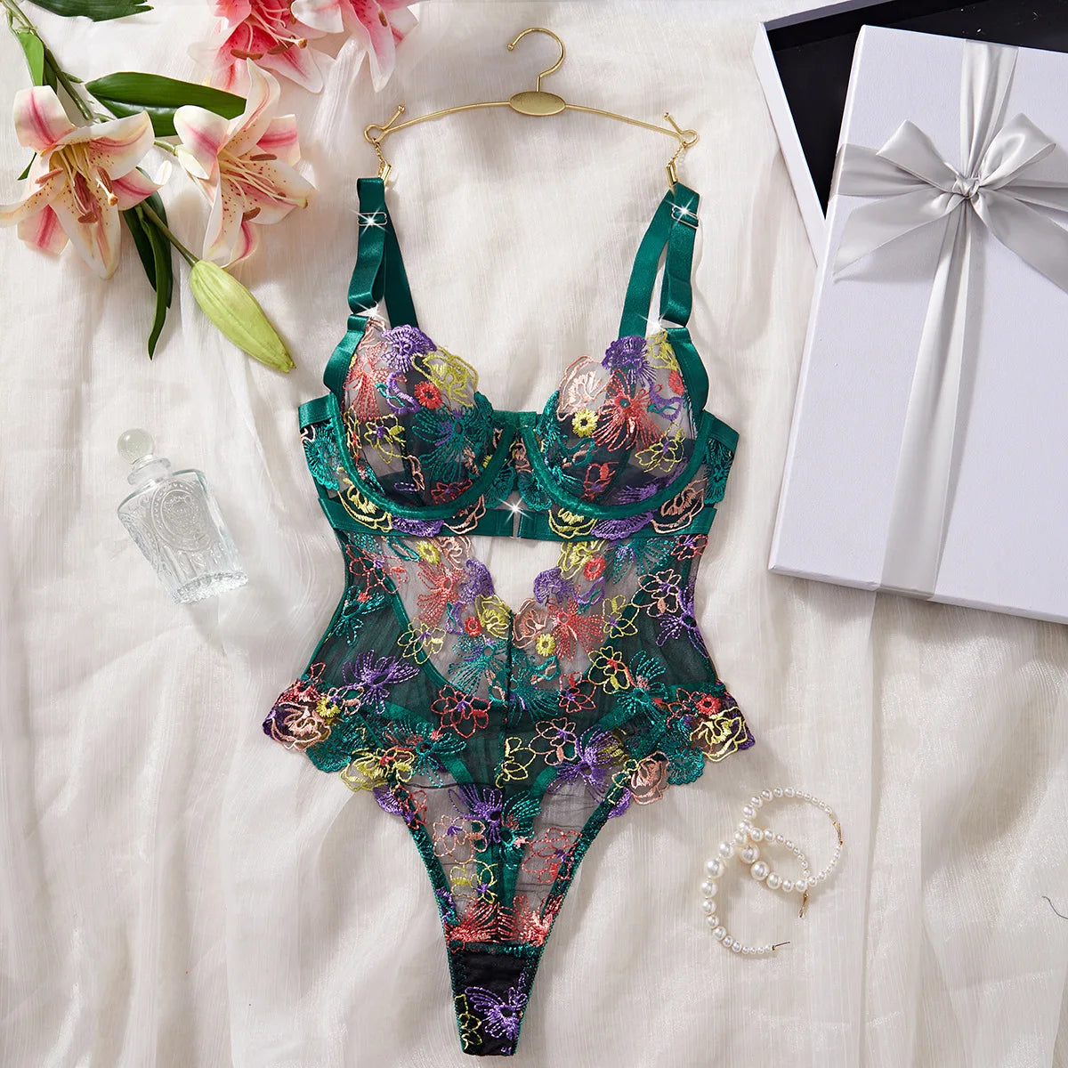 Sexy Floral Embroidered Lace Gather One-piece Jumpsuit French Style Fashion Women's Sexy Lingerie Set Female Bodysuit Underwear