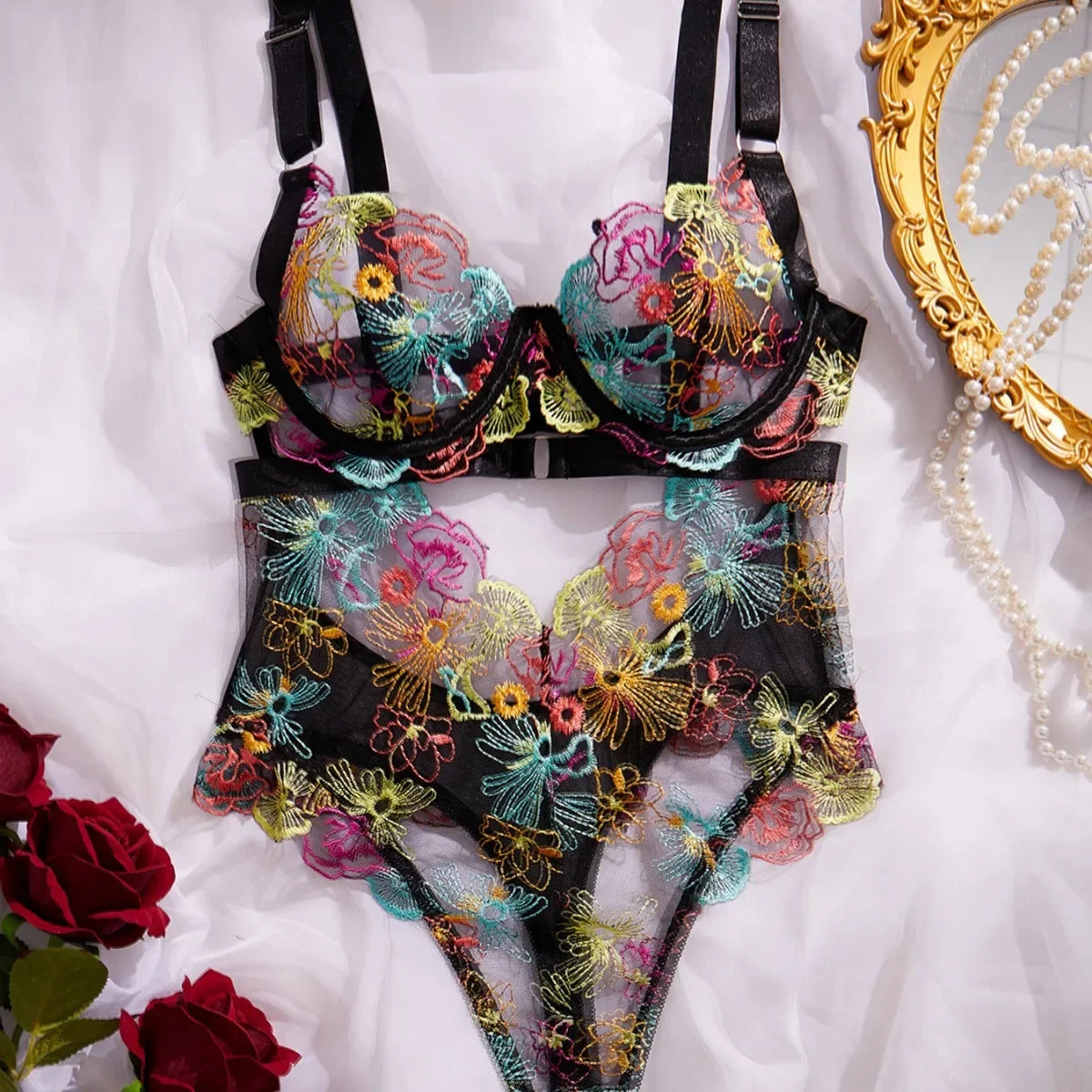 Sexy Floral Embroidered Lace Gather One-piece Jumpsuit French Style Fashion Women's Sexy Lingerie Set Female Bodysuit Underwear