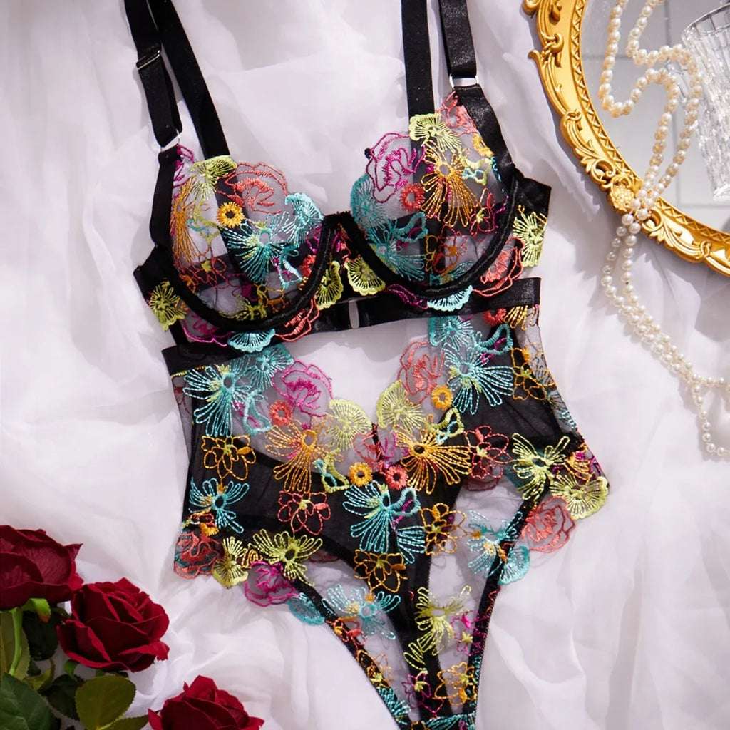 Sexy Floral Embroidered Lace Gather One-piece Jumpsuit French Style Fashion Women's Sexy Lingerie Set Female Bodysuit Underwear