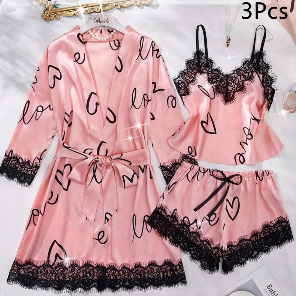 Women'S V-Neck Attractive Lace Trim Elegant Satin Silk Pajama Set  Long Sleeve Robe