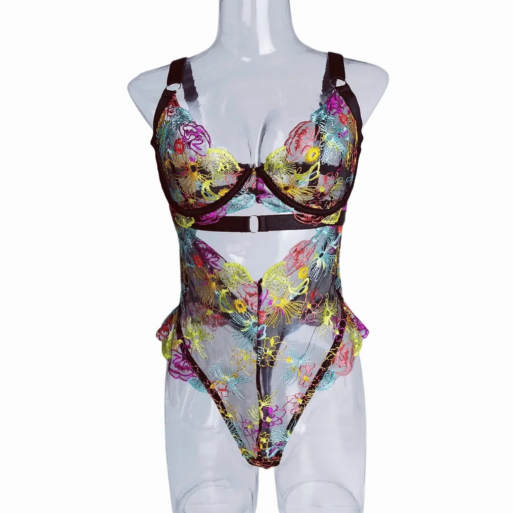Sexy Floral Embroidered Lace Gather One-piece Jumpsuit French Style Fashion Women's Sexy Lingerie Set Female Bodysuit Underwear