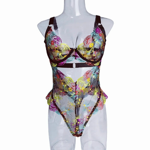 Sexy Floral Embroidered Lace Gather One-piece Jumpsuit French Style Fashion Women's Sexy Lingerie Set Female Bodysuit Underwear