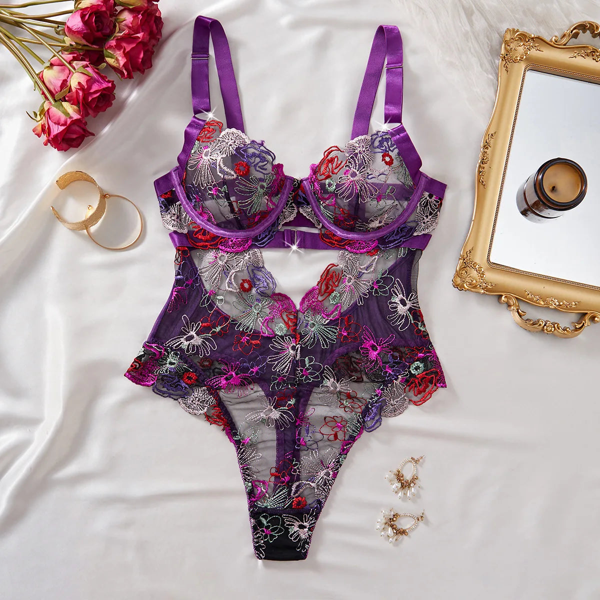 Sexy Floral Embroidered Lace Gather One-piece Jumpsuit French Style Fashion Women's Sexy Lingerie Set Female Bodysuit Underwear