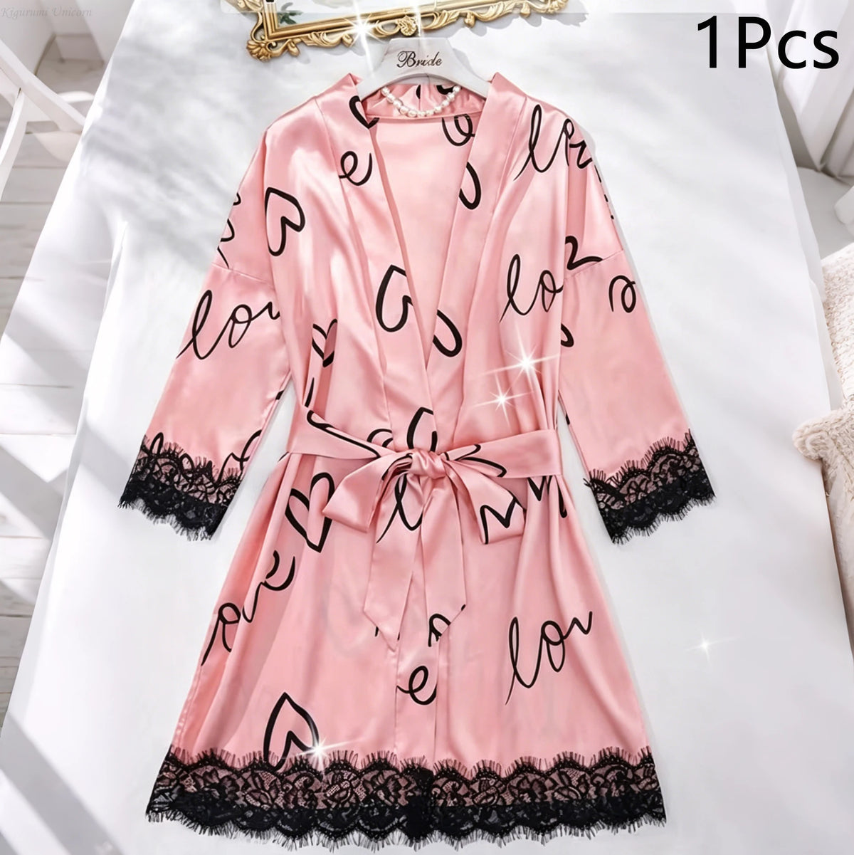 Women'S V-Neck Attractive Lace Trim Elegant Satin Silk Pajama Set  Long Sleeve Robe