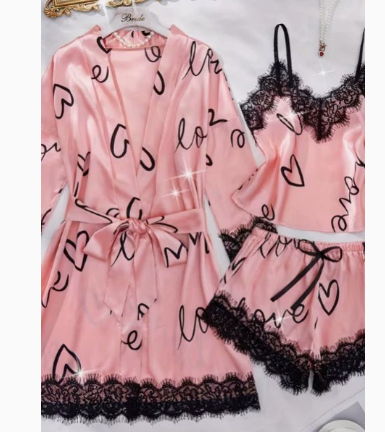 Women'S V-Neck Attractive Lace Trim Elegant Satin Silk Pajama Set  Long Sleeve Robe
